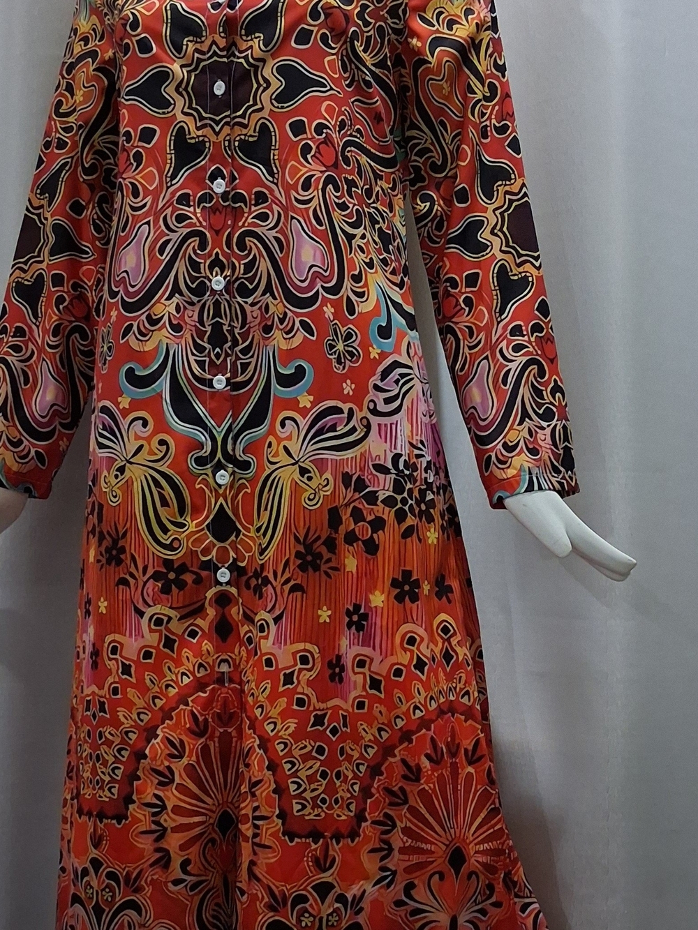 Bohemian Red Orange Patterned Button-Front Women’s Dress